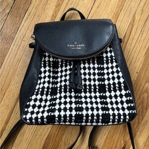 Kate Spade Black and White Checkered Backpack - Leila Tweed Medium Flap